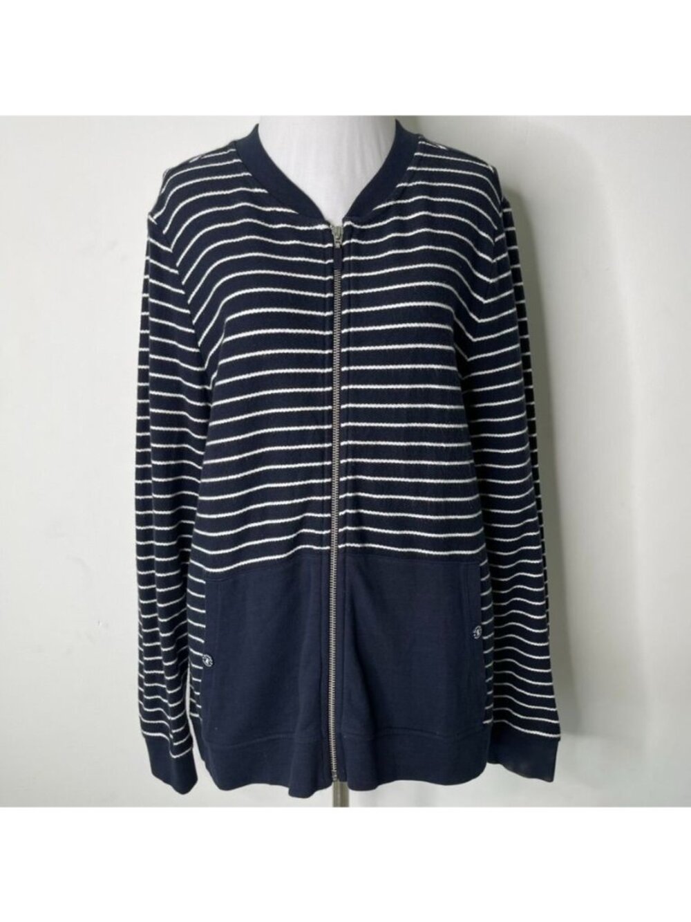 Barbour Hebrides Cardigan Women's Size 14 Navy White Striped Full Zip Jacket
